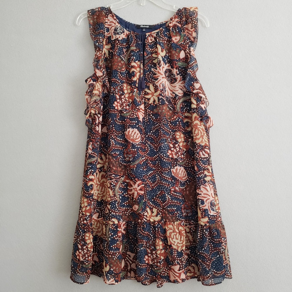 Madewell Womens Medium Dress Blue Floral Batik Ruffle Tiered Shift Boho Ethereal
